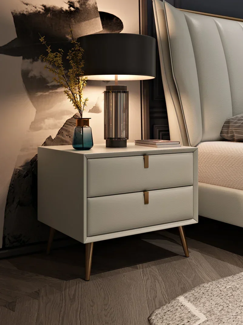 Modern simple bedside table wrapping leather narrow edge metal feet All solid wood bedside drawers Countertop