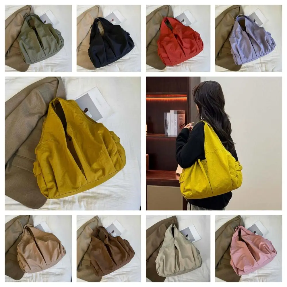 

Casual Nylon Shoulder Bag Multi-Pocket Double Zipper Design Versatile Commuting Handbag Solid Color Polyester Storage Pouch