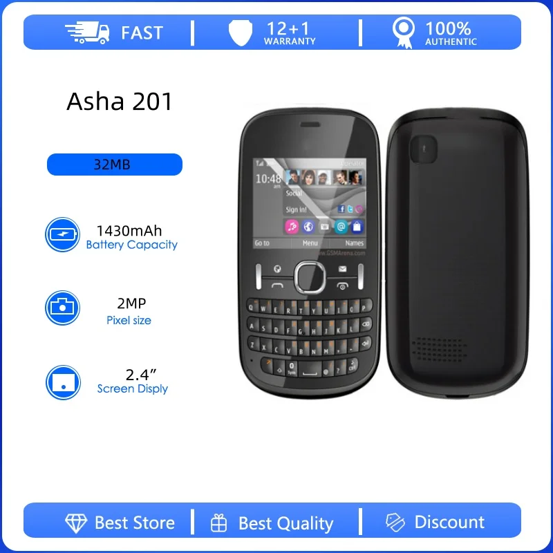 Teléfono Móvil Asha 201 Original Reacondicionado, Una Sola SIM, 2G, Desbloqueado, GSM 900/1800, Teclado en Ruso, Árabe y Hebreo, Hecho en Finlandia