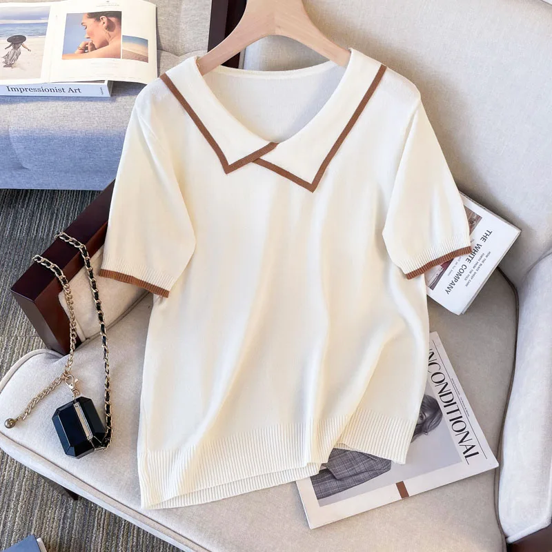 

Вязаный свитер, женские пуловеры, новый вязаный свитер с коротким рукавом и отложным воротником, пуловер, женские топы, свитера, женская одежда Q1243