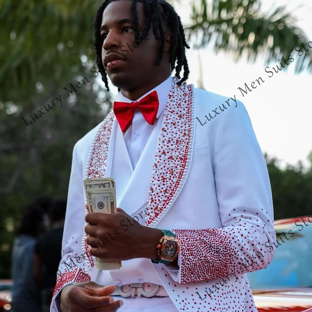 

Unique Beading Suits for Male 3 Pieces Glitter Pearls Tuxedos Wedding Groom Outfits Customized Blazer Pants trajes para hombre