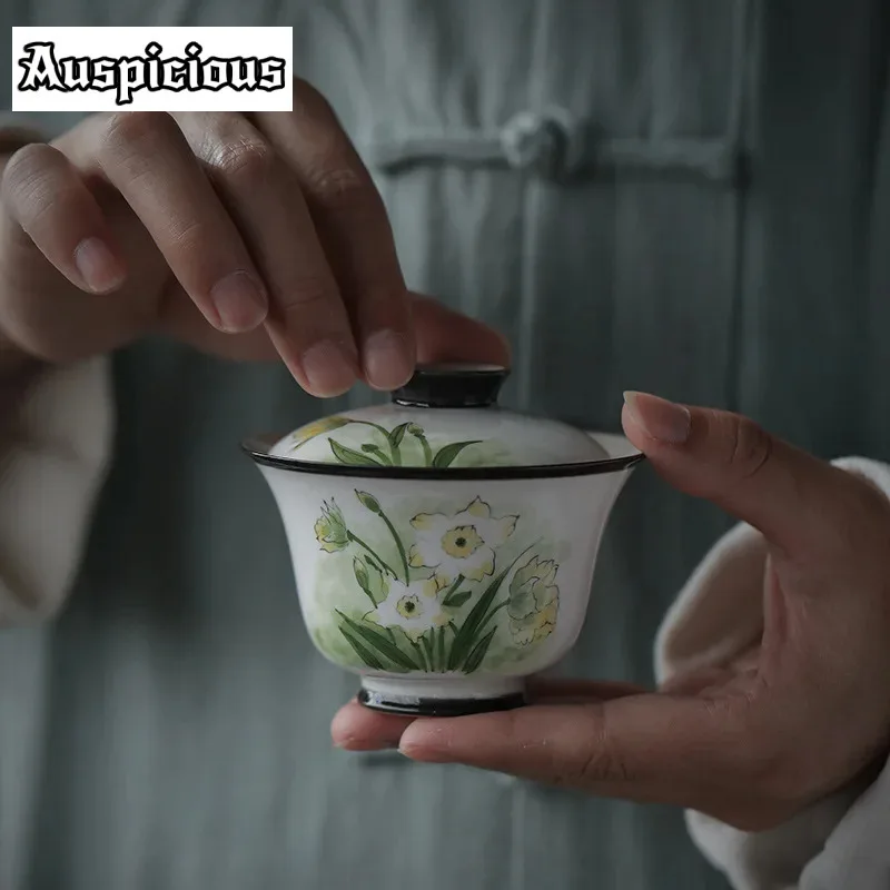 

105ml Narcissus Gaiwan Japanese Sopera Ceramic Bowl with Lid Tea Tureen Household Tea Maker Cover Bowl for Tea Supplies Ornament