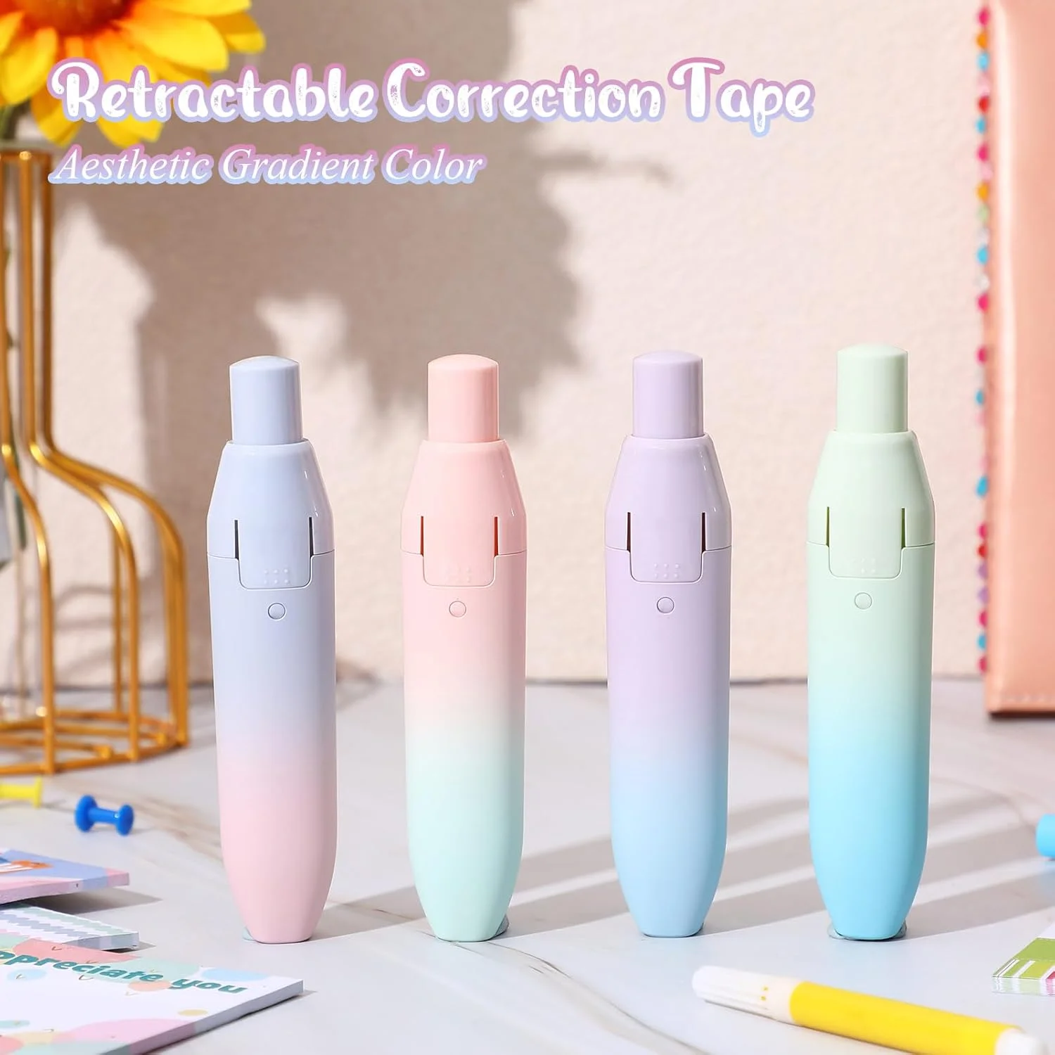 

4 Pcs Quick Dry Correction Tape Aesthetic Gradient Color Refillable Retractable Small Correction Tape Cute Correction Pen Japa