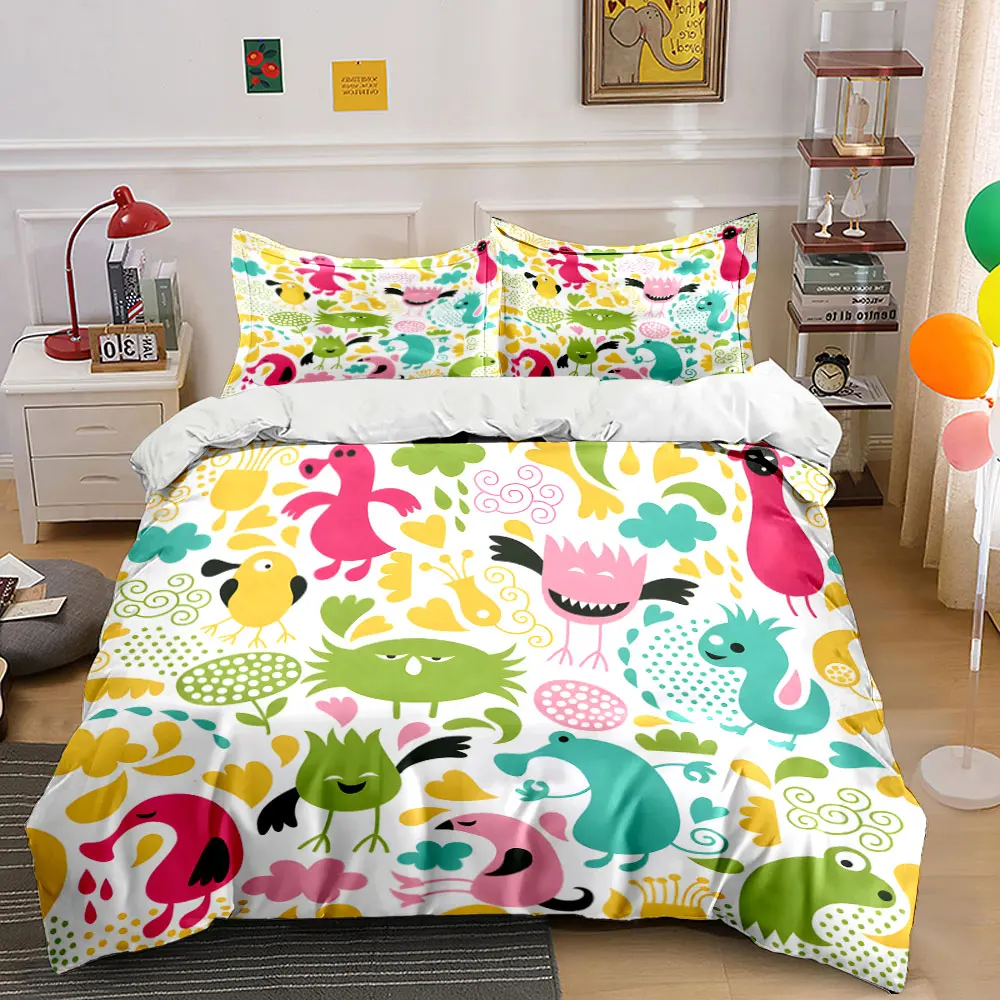 Colorful Cartoon Creatures Party Set  kid's and adults' bedroom decor, Exquisite three-piece bedding set gift