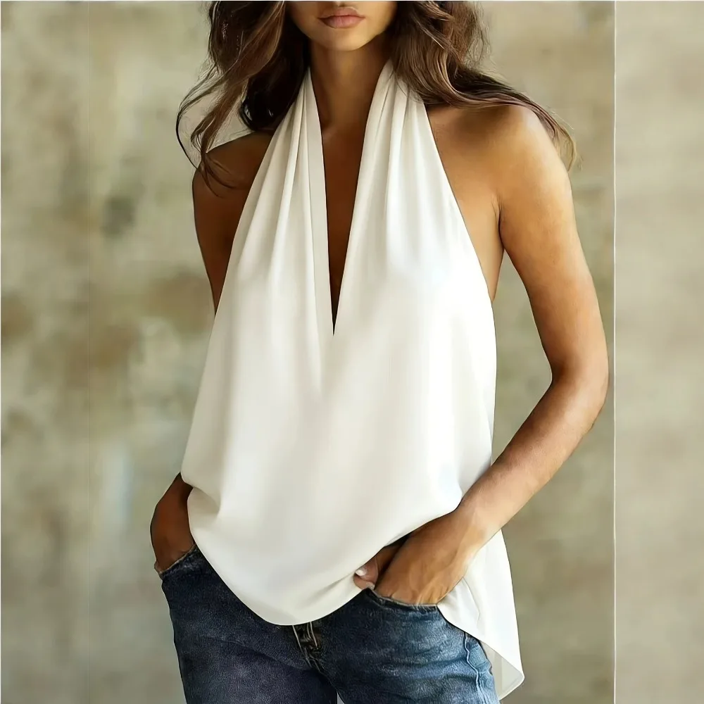 Women Halter Neck Solid Tank Top New Sleeveless Loose Elegant Casual Ladies Vest Tops