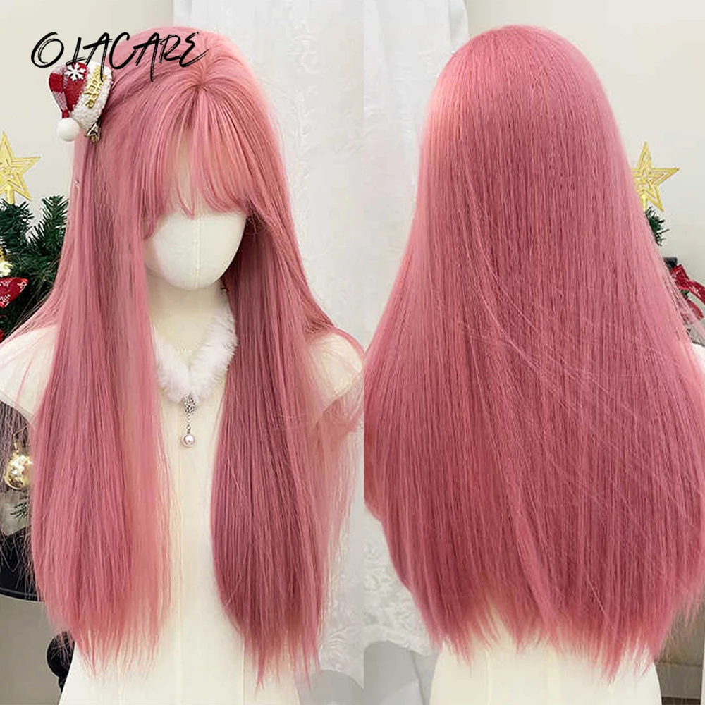 

LM Cosplay Wig With Bangs Synthetic Straight Hair 24 Inch Long Heat-Resistant Pink Wig For Women