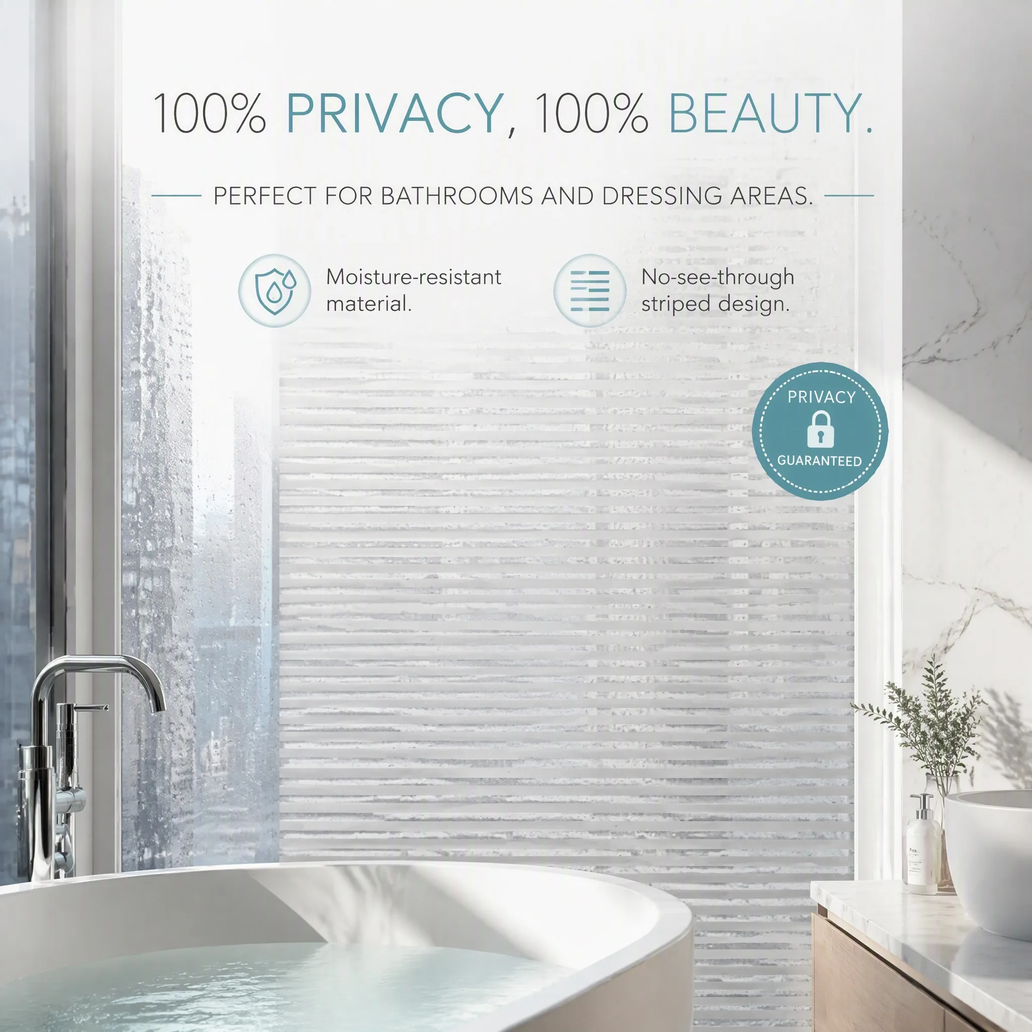 Grey Horizontal Stripe Window Film Self-Adhesive Privacy Protection Decorative Film for Home And Office Use