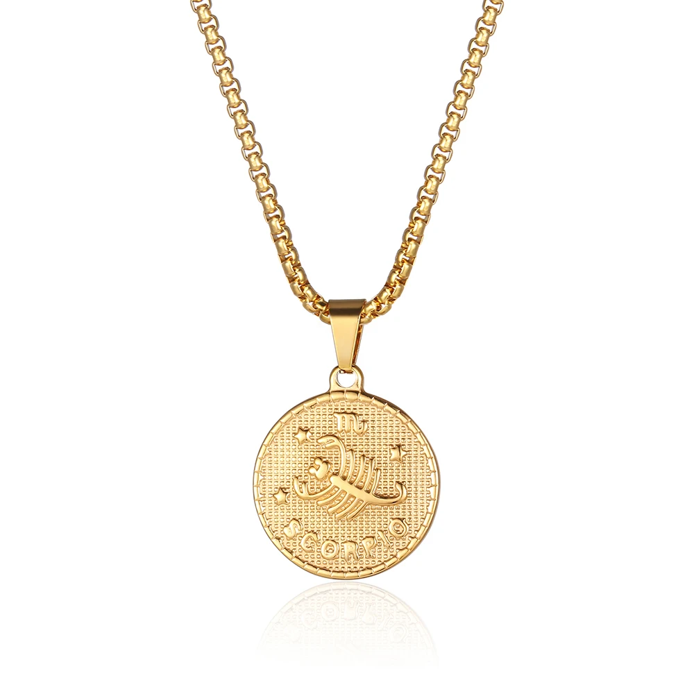 Stainless Steel Twelve Constellations Gold Coin Round Practise Divination Pendant Necklace Jewelry Gift