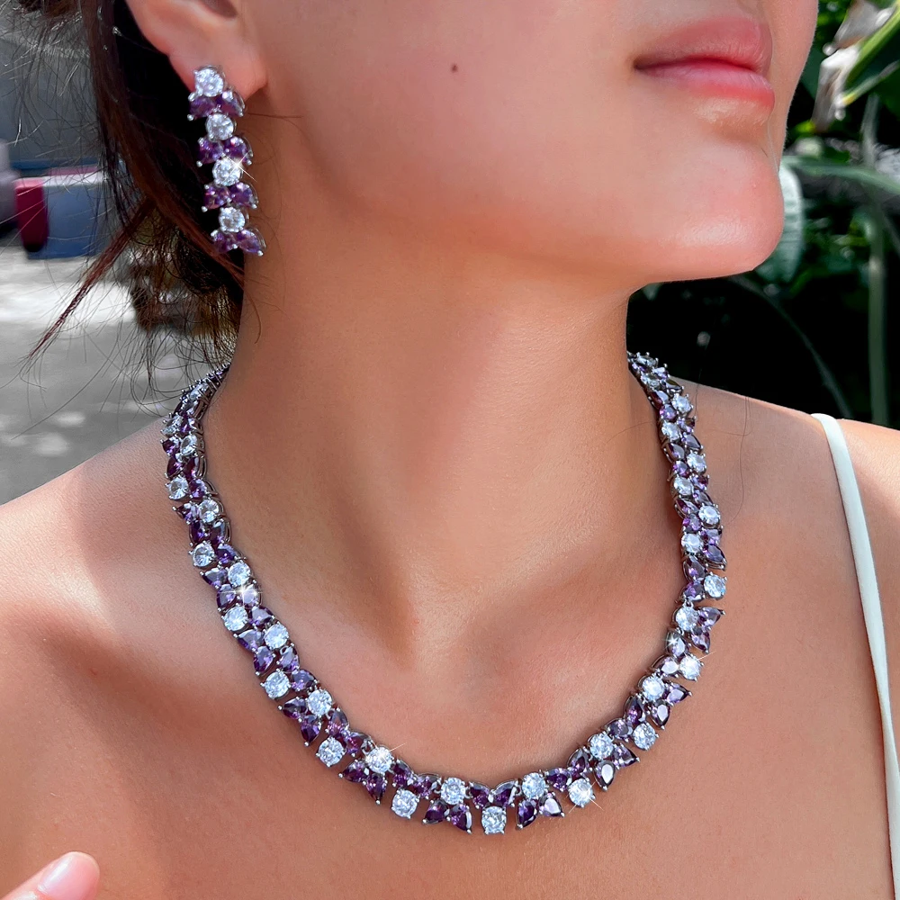 

CWWZircons Очаровательное фиолетовое белое колье с кубическим цирконием, серьги, комплекты из 2 предметов для женщин, ювелирные изделия для свадебной вечеринки T1006