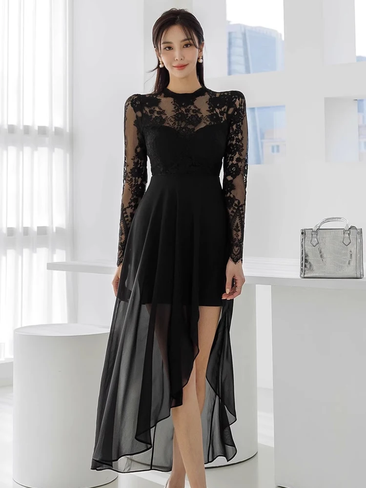 New Fashion Lady Black Evening Dress Women Clothes Elegant Lace Sheer Sexy O-Neck Slim Maxi Party Prom Vestidos Robe Femme Beach