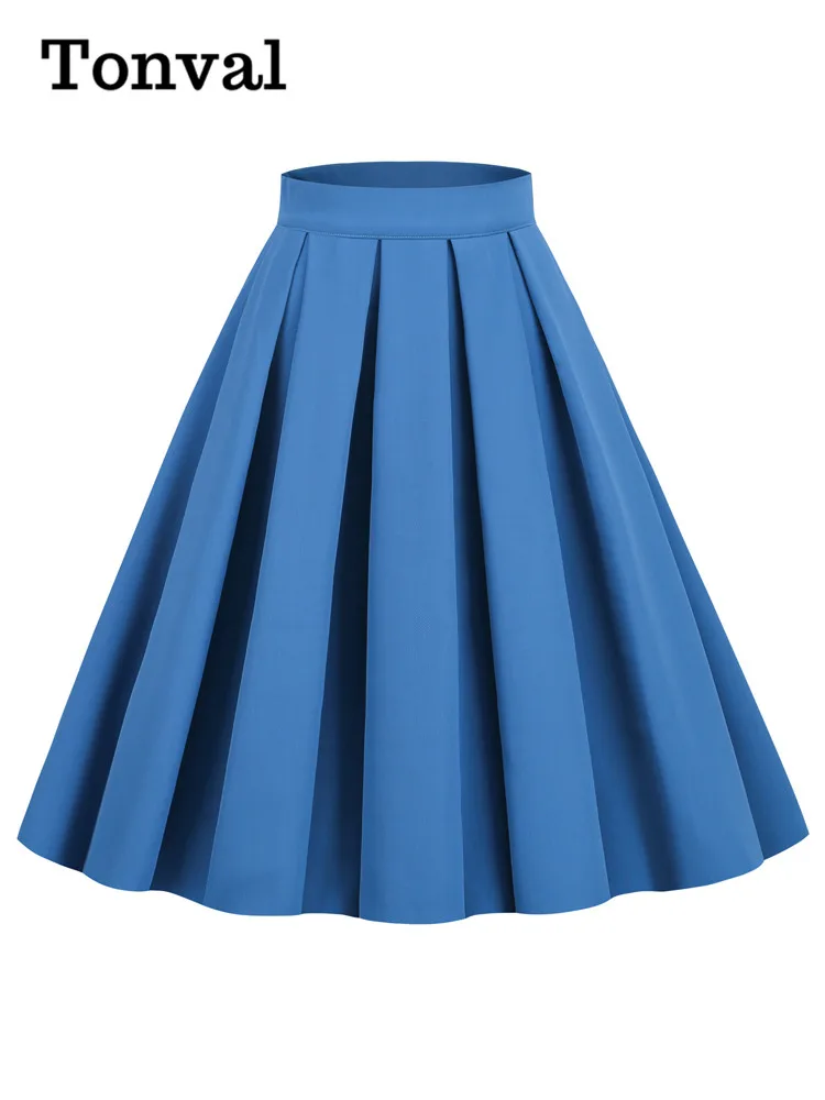 Tonval Ginger Solid Vintage 50s Style Pleated Midi Skirts for Women 2023 Elegant Clothes Female Swing Skirt