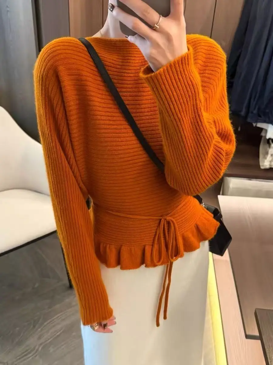 Women Autumn Winter New Korean Style Soft Ruffle Tie-Waist Knitted Versatile Sweater Top
