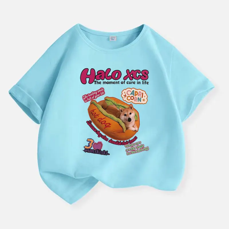 Burger Dog Graphic Print Baby Boys T-shirt Cotton Yellow Tops Tee 2025 Summer Funny Casual Kids T Shirt Teen 6 8 10 12 Years