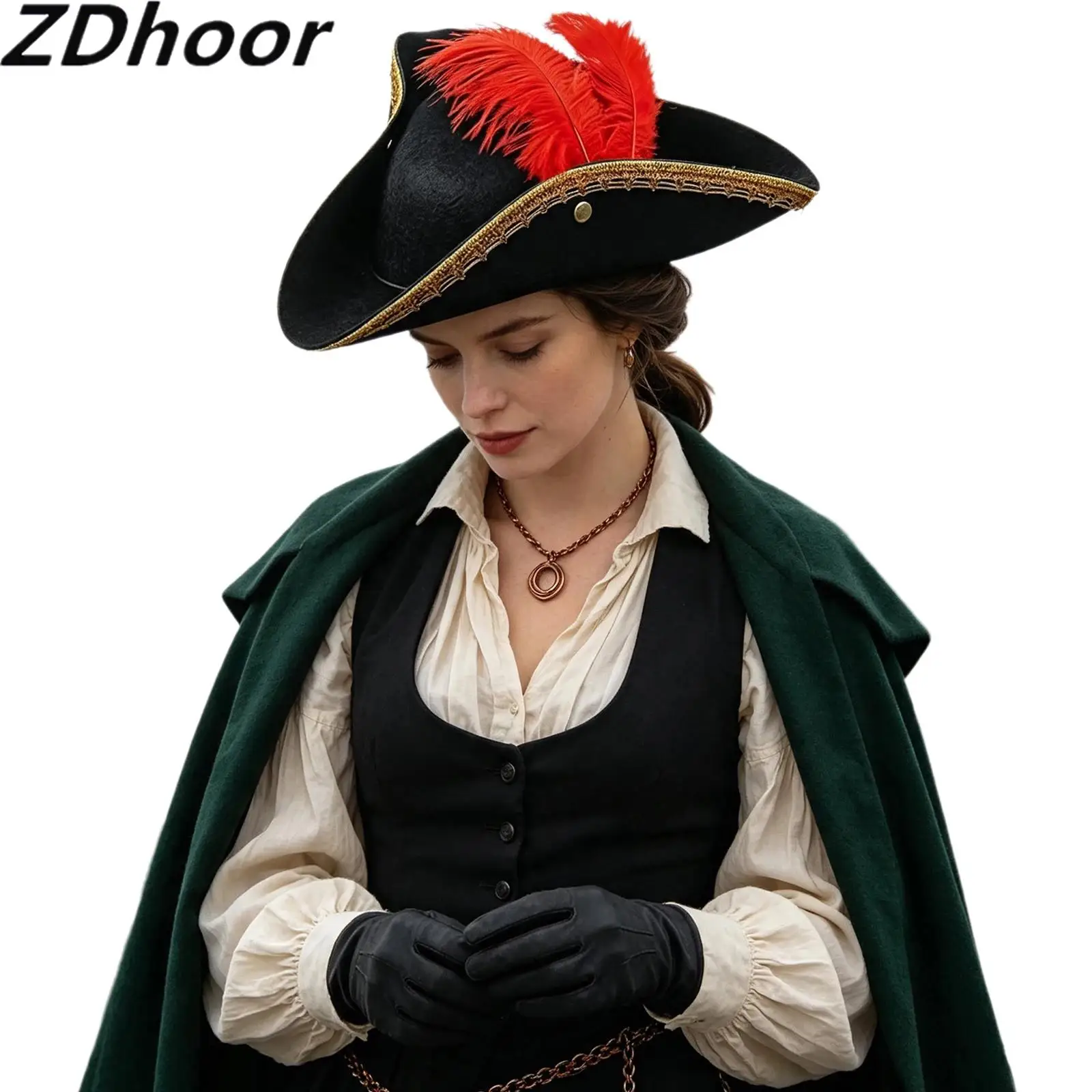 Trimmed Tricorn Pirate Captain Hat Colonial Cap Headwear with Faux Feather Decoration for Halloween Themed Party Cosplay