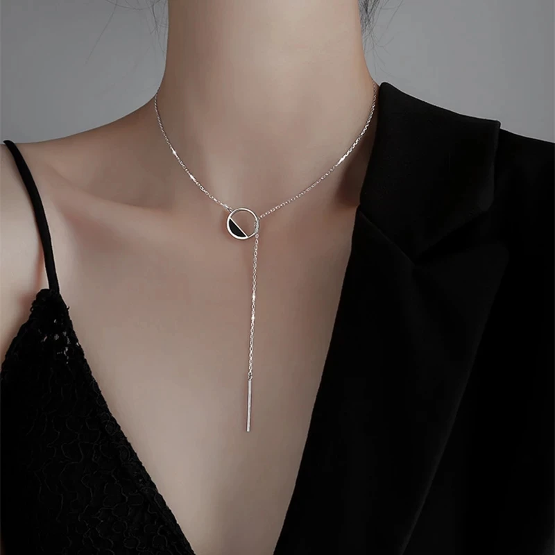 Trendy 925 Sterling Silver Circle AAA Zirconia Long Chain Necklace Shiny Stick Pendants Necklace For Girl Gift Fine Jewelry