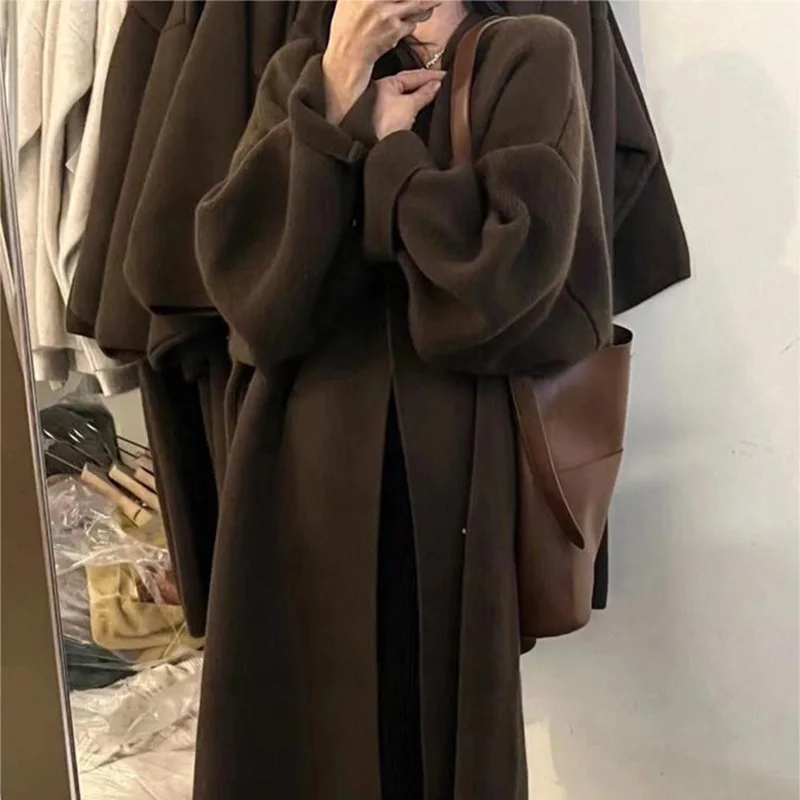 Damski Kardigan Dzianinowy Płaszcze Sweter Casual Jednolity Bardzo Długi Pełne Rękawy Otwarty Splot Luźny Krój Elegancki Biurowy Damski Jesień 2025