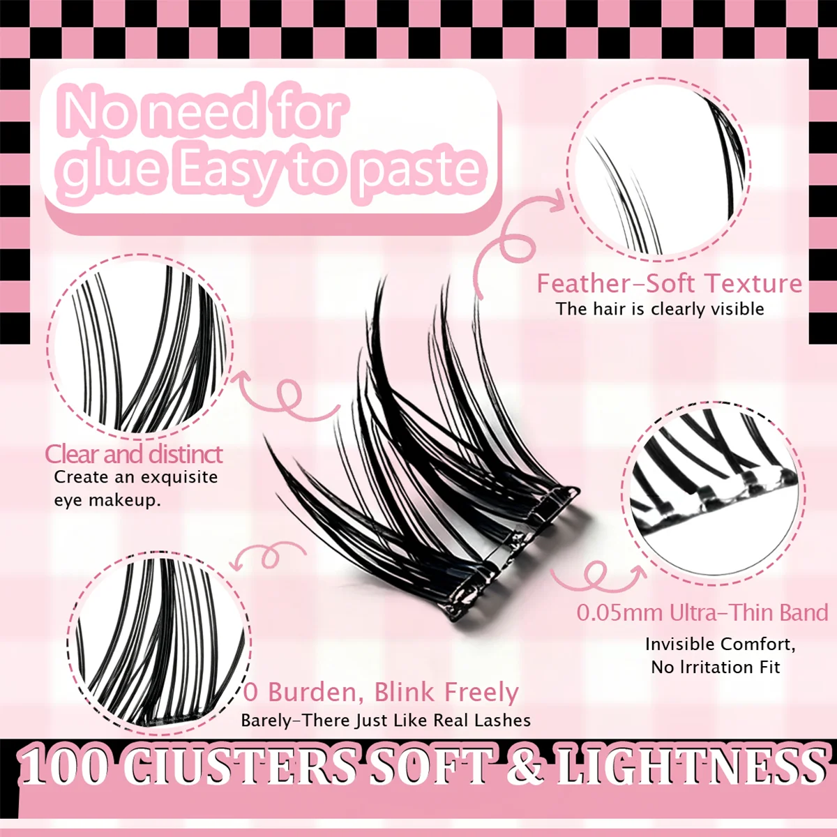 Sztuczne rzęsy bez kleju, 10 rzędów, 100 kępek, lekkie, miękkie, duża ilość, wielokrotnego użytku, naturalny wygląd.