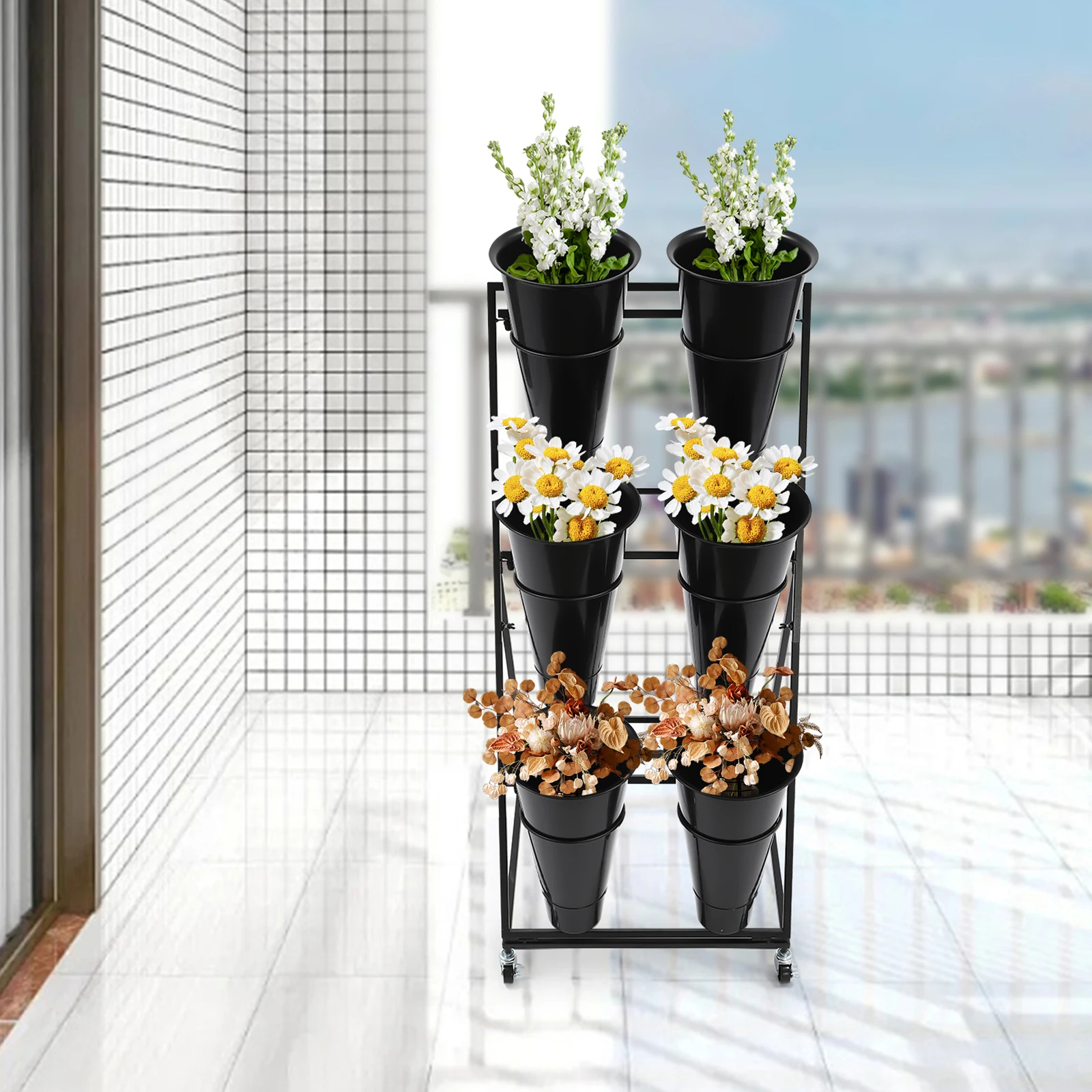 Wear-resistant Flower Display Stand 3-tier Flower Holder with 6 Pcs Buckets Effortless Clean Easy to Move for florists/Gardens