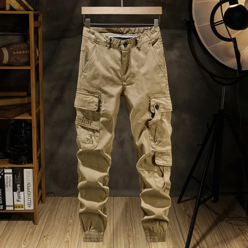 

Эластичные повседневные брюки из чистого хлопка для мужчин, осенне-зимние облегающие молодежные брюки для рабочей одежды с несколькими кетами и э...