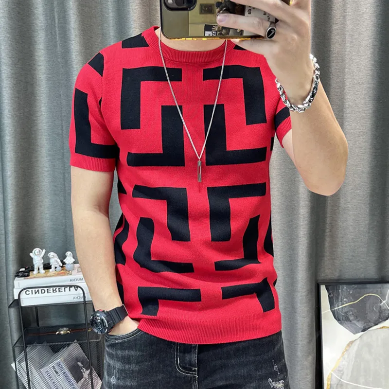 3 Color Men Summer Knitted Tshirt 2022 Korean O-neck Short Sleeve Top Tees Streetwear Male Social Club Slim Fit Casual T-Shirt