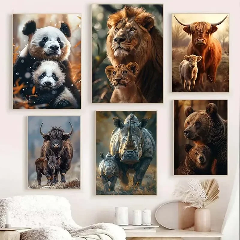 Modern Animal Family Art Poster Print Wildlife Rhino Lion Giraffe Koala Portrait Canvas Paintings Wall Art Pictures Home Decor