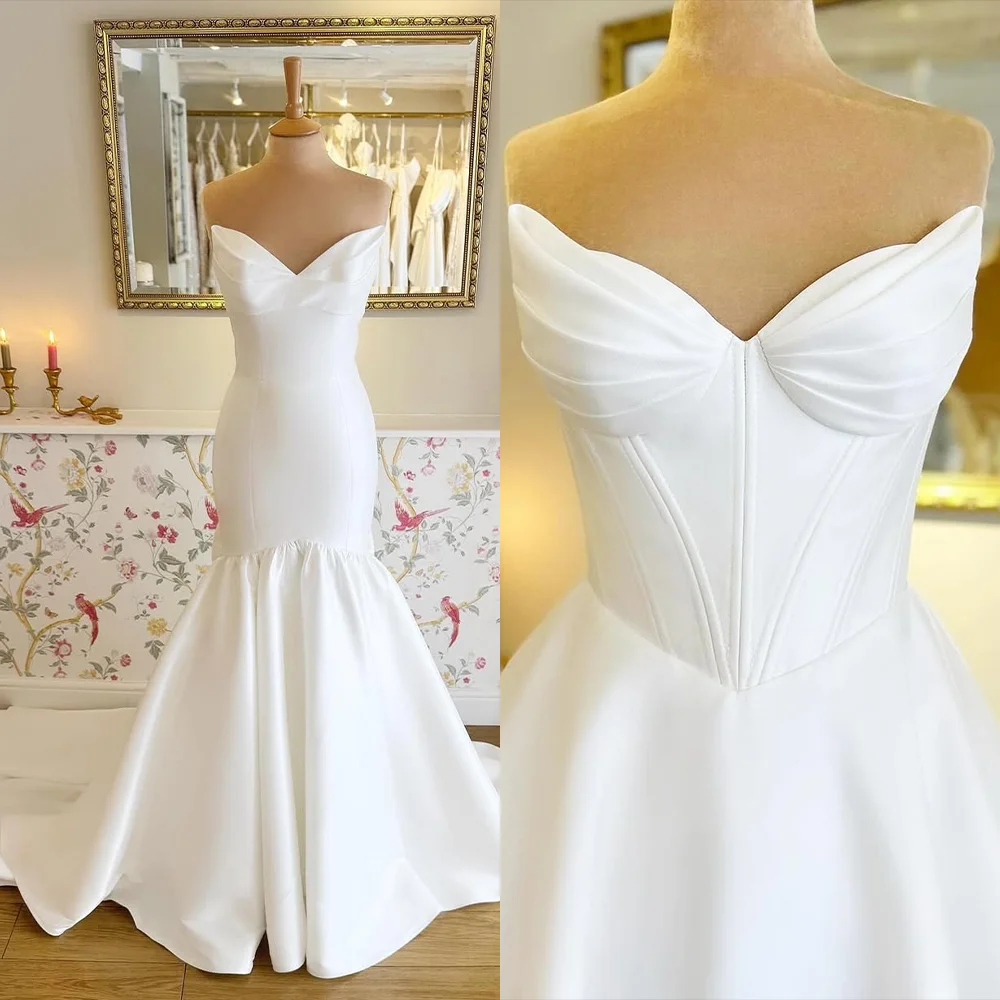 

ShiningLight Strapless Mermaid Wedding Dresses Sexy Satin Women Beach Bridal Gowns vestidos de novia boda civil Customized