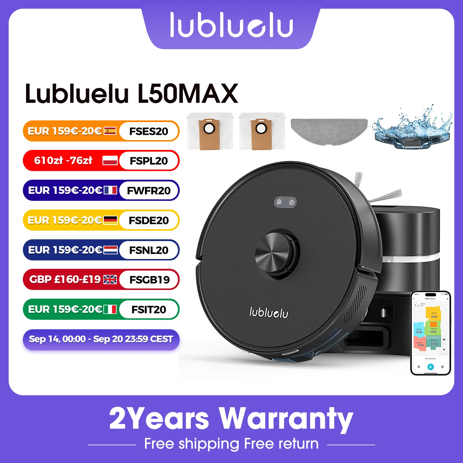 Lubluelu L50Max Roboter-Staubsauger 7000Pa Saugkraft Saug- und Wischroboter Kombi Ohne Haarverwicklungen für Boden- und Teppichreinigung im Haushalt