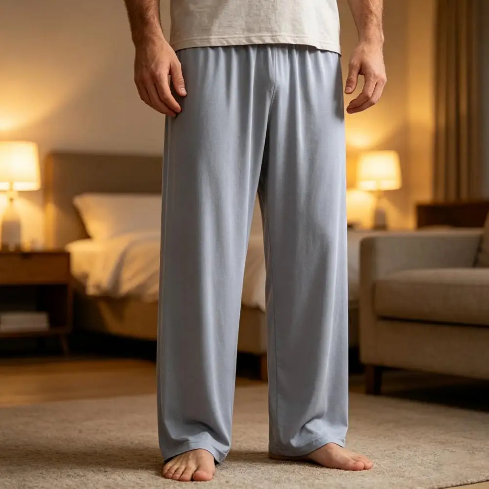 

Мужские пижамные брюки из ледяного шелка, эластичные, со средней посадкой, широкие штанины, мягкие, дышащие, эластичные, для сна и отдыха
