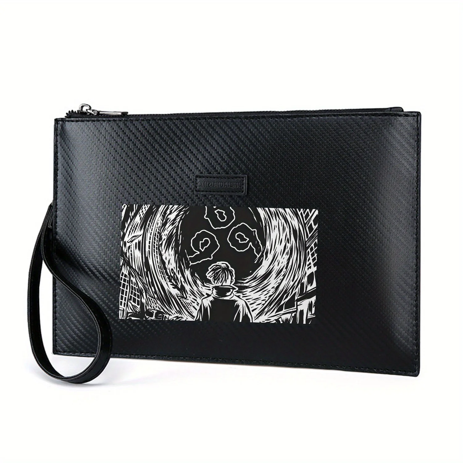 شكل دوار أشكال سوداء دوائر بيضاء. حقيبة يد رجالية أنيقة مطبوعة من البولي يوريثان عصرية وعملية للحمل اليومي