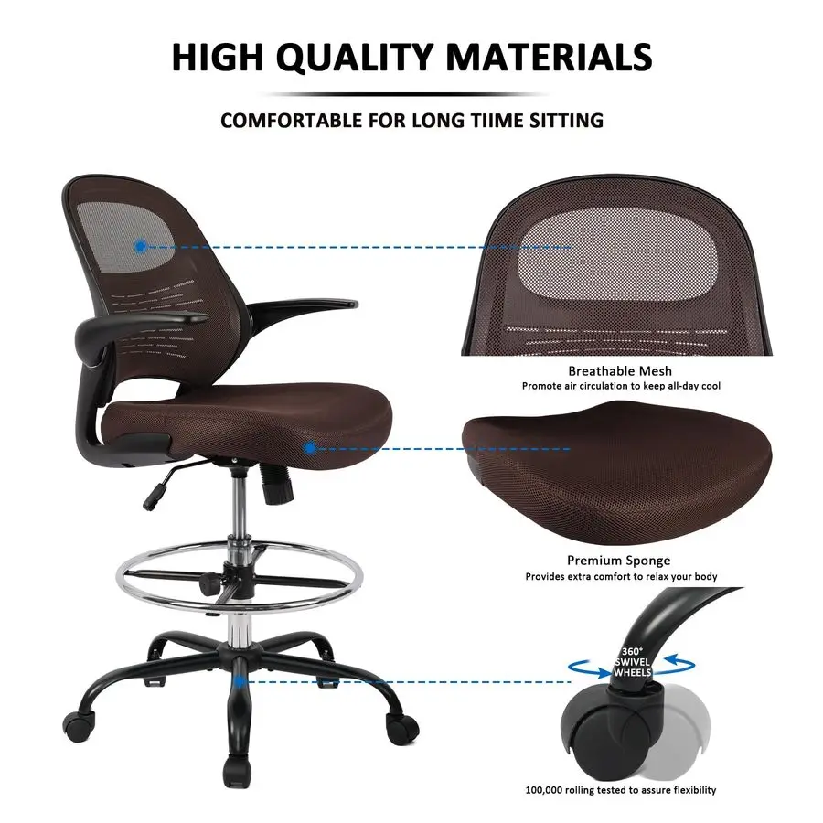 Sedia da disegno alta Sedia da scrivania in piedi con braccioli ribaltabili, sedia da ufficio ergonomica ad altezza regolabile con anello poggiapiedi alto S