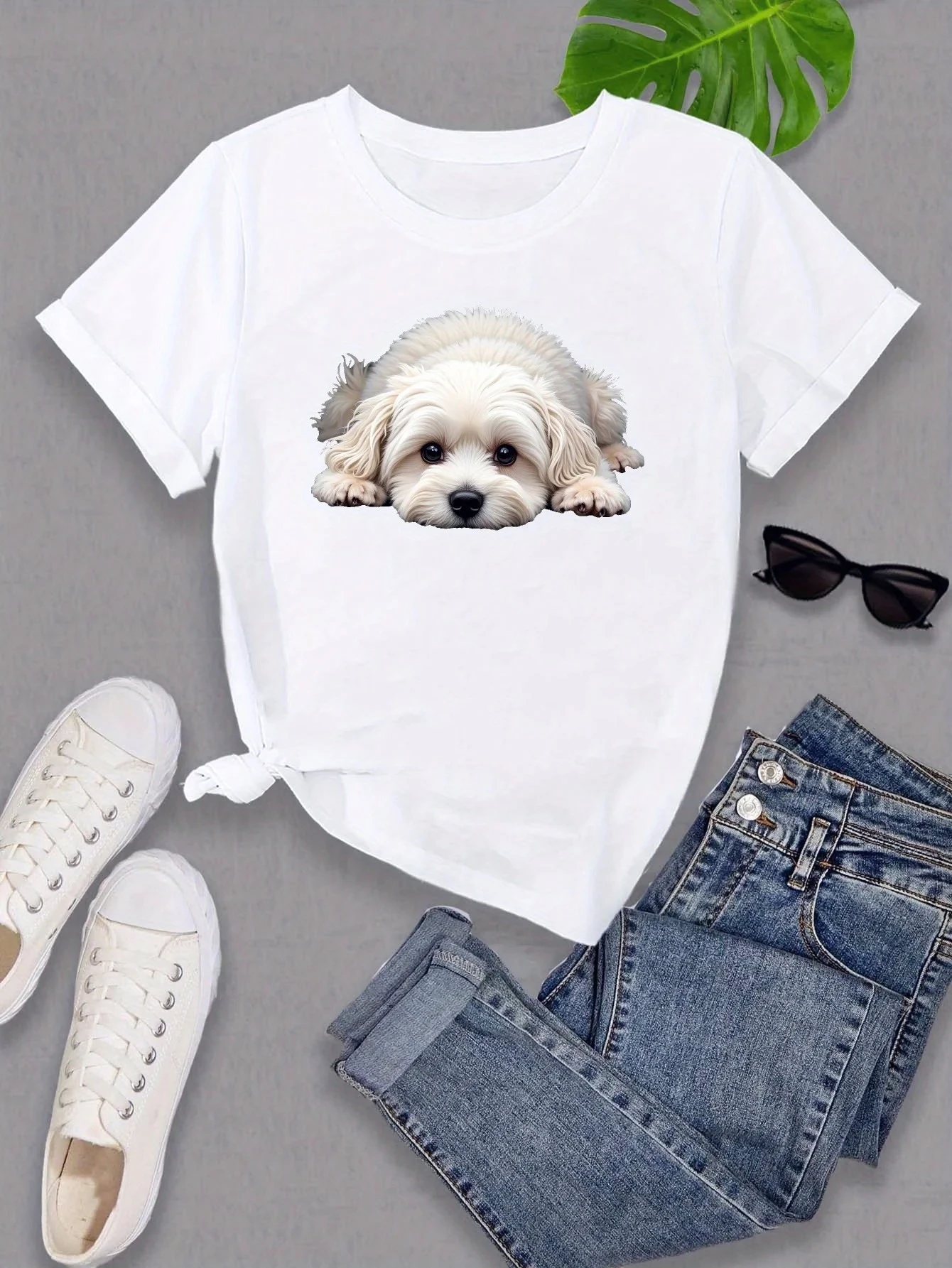 T-Shirt col ras du cou pour femmes, imprimé chien maltais mignon, vert vif, extensible moyen, manches Harajuku, été décontracté