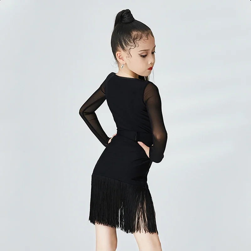 Girls Latin Dance Dress Long Sleeves Black Lace Practice Dress Cha Cha Rumba Fringe Dress Kids Performance Dancewear DNV17111