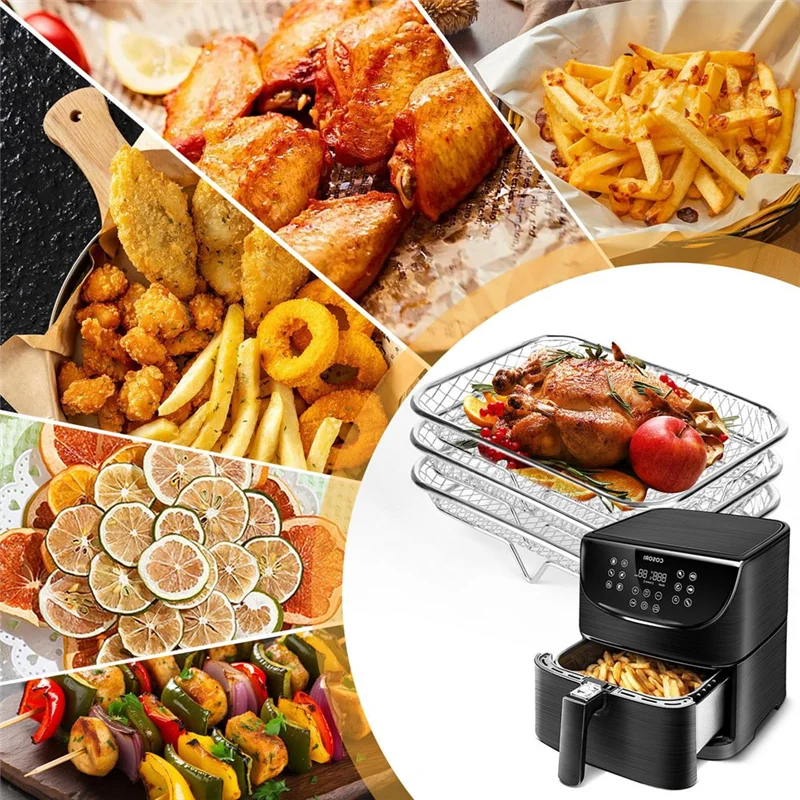 أرفف مقلاة هوائية مستطيلة قابلة للتكديس من BAAN، 304 من الفولاذ المقاوم للصدأ، 3 طبقات لتقلي الهواء المحسن