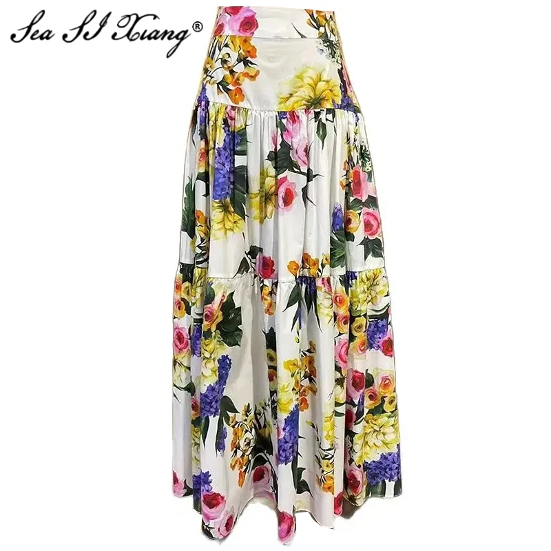 Seasixiang Fashion Designer Spring 100% Cotton High Waiste Skirt Women Flower Print Elegant Party Long Skirt