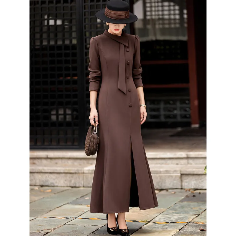 MEXCOCO 2026 Autumn Elegant Mature Style Long Sleeve Slim Fishtail Maxi Dress Asymmetric Tie Collar Front Slit Formal Dress
