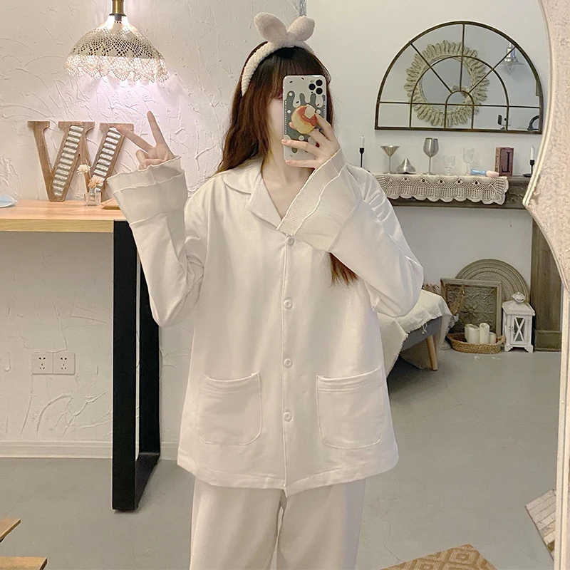 

Pajama Sets Women Ruffles Classic Lounge Wear Simple Pure Korean Style Female Spring Pockets Casual Popular Loose Long-sleeve