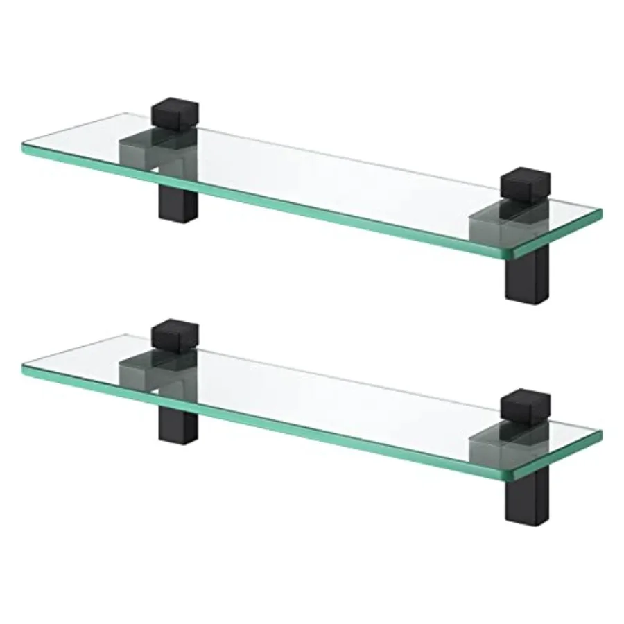 

Bathroom Glass Shelves 2 Pack 16 Inch Tempered Floating Wall Mount Matte Black Storage Shelves for Bathroom Organizing