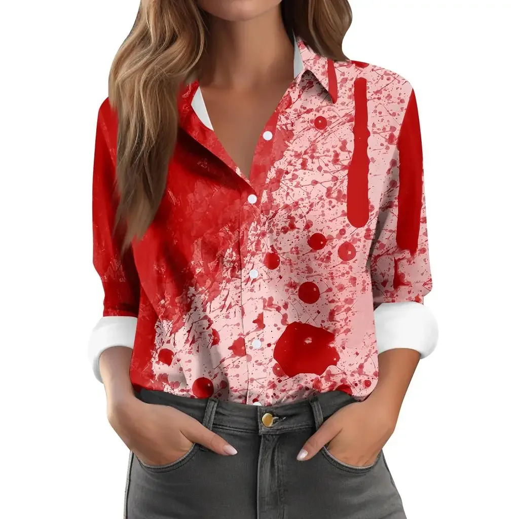 Women's Halloween Blood Ghost Hand Print Short Sleeve Shirt Trendy Unisex Loose Casual Halloween Party Ladies Shirt Blouses Tops