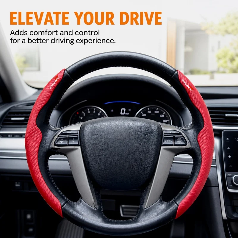 Red Top and Bottom Two-Piece Set PU Carbon Fiber Textured Steering Wheel Grip Cover Car Steering Wheel Anti-Slip Protective Cove