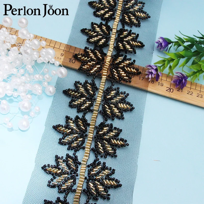 5 Yards Lotus Shape Black Gold Glass Beaded Imitation Handmade Mesh Lace Trim DIY Sew Decorated for Clothing Coat Dress HB080