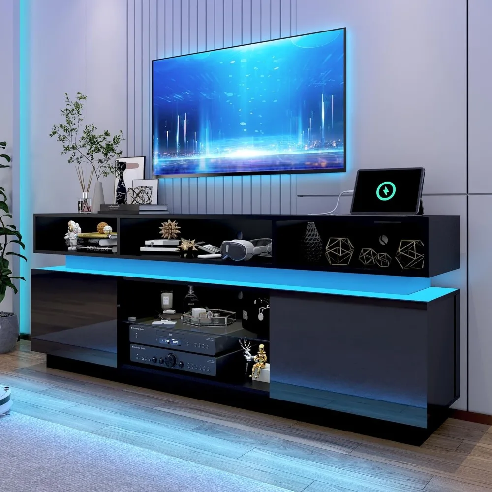 

LED TV stand for 80 inch TV, modern high-rise entertainment center with power socket, high gloss TV stand