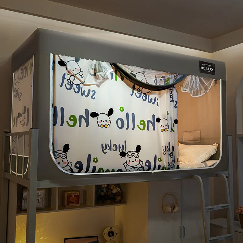 Cortina de Cama para Dormitório Estudantil com Mosquiteiro Integrado, Suporte para Beliche Superior e Inferior, Cortina Blackout com Mosquiteiro