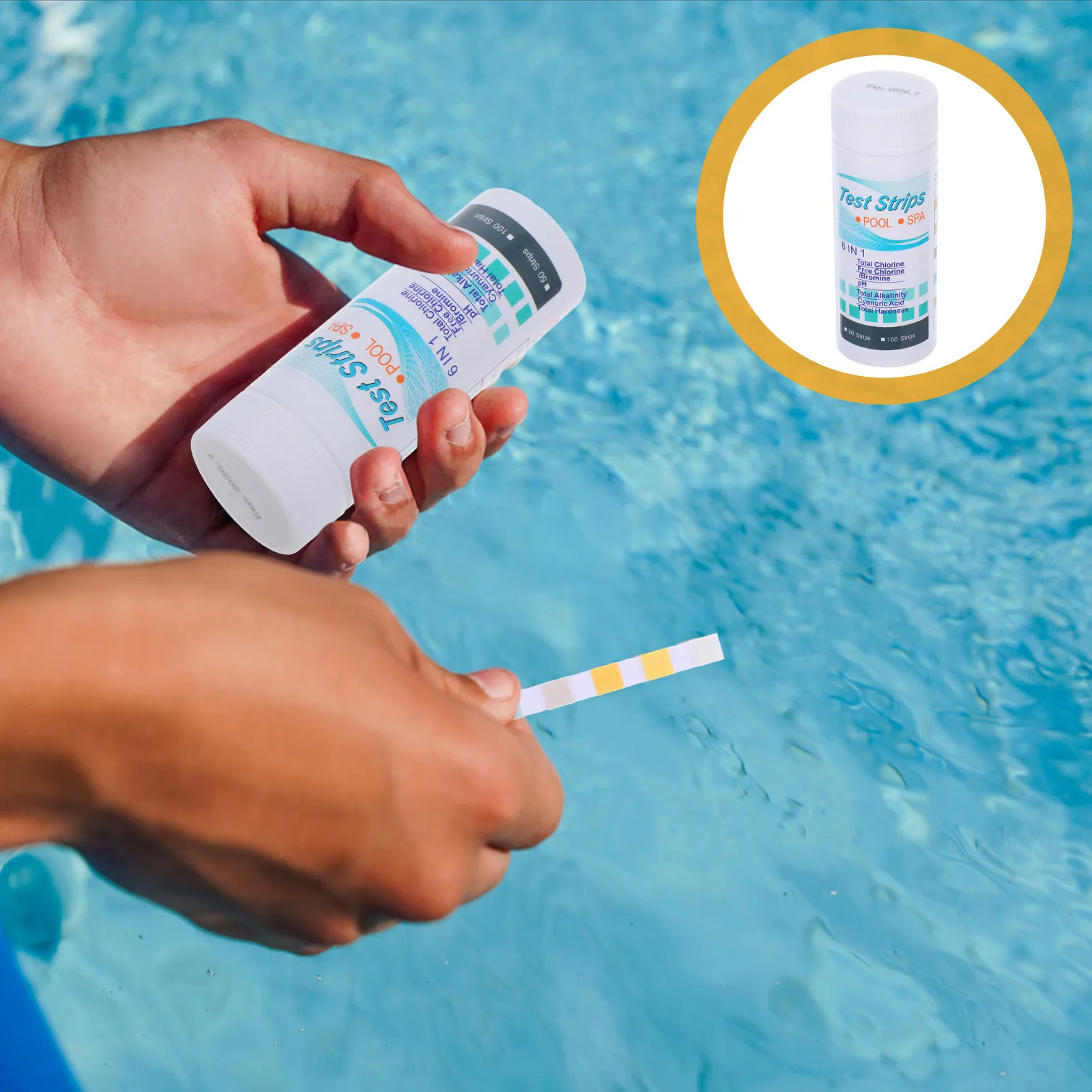 50 Tiras Reactivas para Análisis de Agua de Piscina 6 en 1: PH, Cloro Total, Alcalinidad Total, Ácido Cianúrico, Dureza