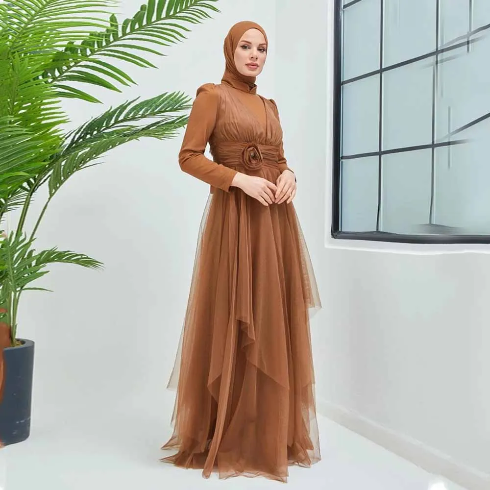 

Classic Evening Dresses High Quality Full Sleeves Empire Party Dresses With Flowers Floor Length A-Line فساتين للحفلات الراقصة