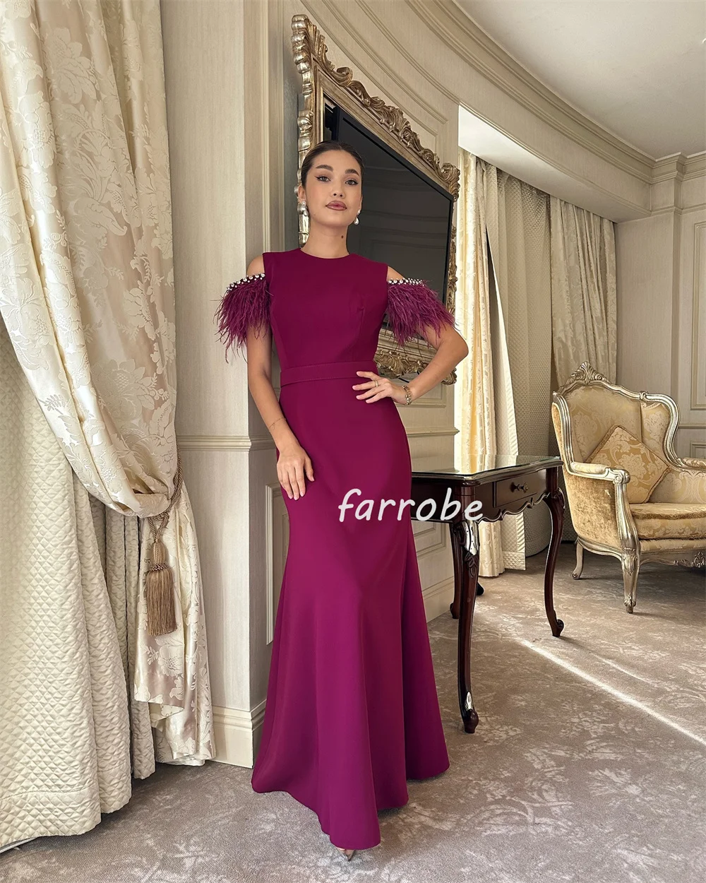 Customized Elegant Fashion Jersey Feather Rhinestone Pleat Straight Scoop Neck Long Dresses Bespoke Occasion Dresses Formal