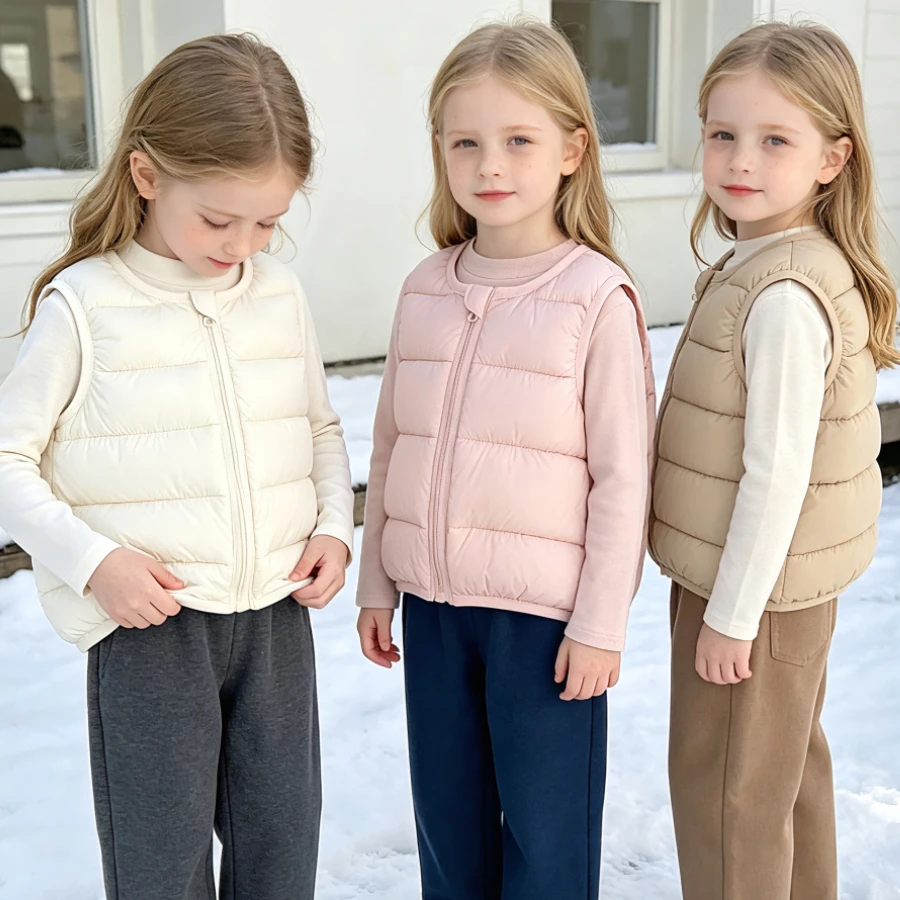 Kids Ultra Light Padded Vest Full Zip Crew Neck Sleeveless Jacket Boys Girls Winter Warm Inner Layer School Outdoor Daily Wear