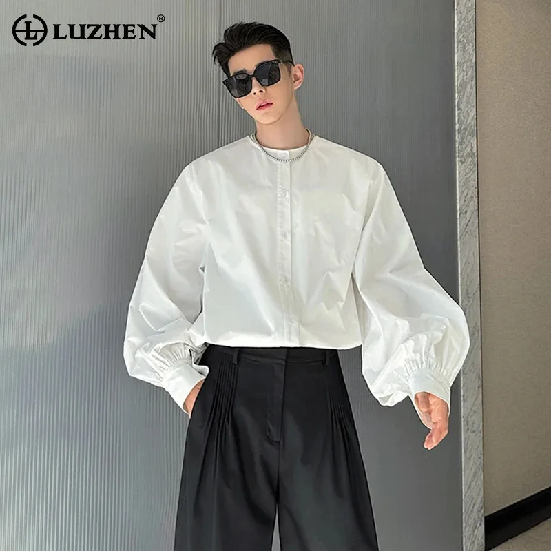 LUZHEN 2024 Stylish Elegant Solid Color Lantern Sleeved Design Shirts Autumn New Men Versatile Trendy Elegant Street Tops LZ3592