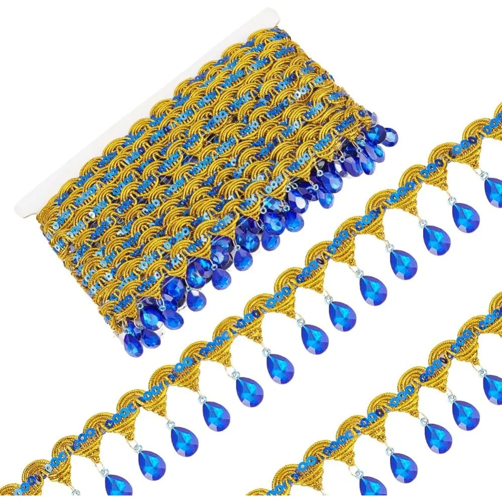 

Polyester Tassel Lace Ribbon Sparkle Paillette Lace Trim with Color Plastic Rhinestone Fringe Trimming