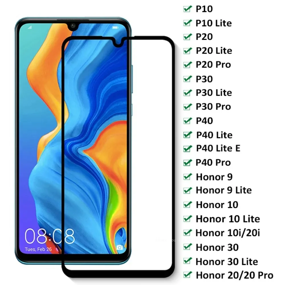 1pcs 9D Tempered Glass for Honor 10i 20i 20S 9 10 30 Lite Protective Glass Huawei P10 P20 Lite P30 P40 Pro Screen Safety Film