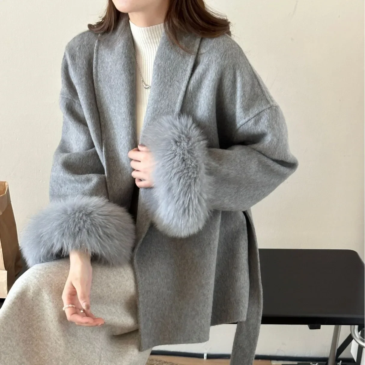 

Fox fur coat high-end lace-up green fruit collar temperament double-sided wool jacket woolen women's new autumn and winter Mao